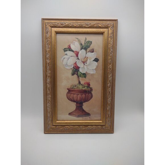 Vintage Home Interiors Barbara Mock Magnolia Floral Topiary Gold Framed Wall Art - Picture 13 of 17